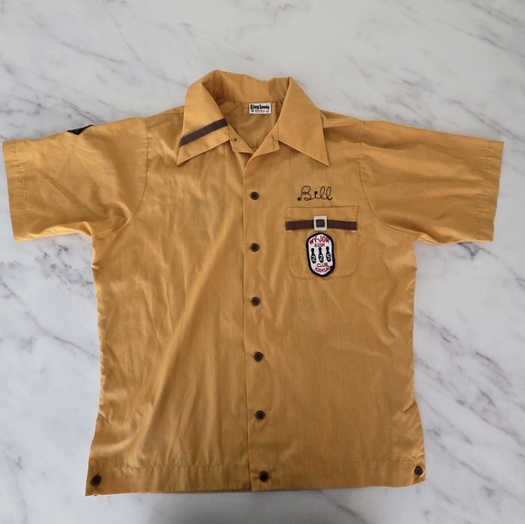King Louie Vintage Bowling‎ Shirt in Mustard Yellow Embroidered Velour Back 70's - Picture 1 of 11